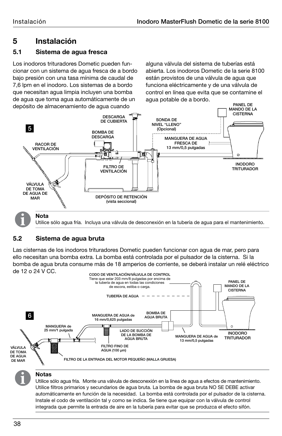 5 instalación, 1 sistema de agua fresca 5.2 sistema de agua bruta, Nota | Notas | SeaLand 8100 Series MasterFlush Installation User Manual | Page 38 / 100