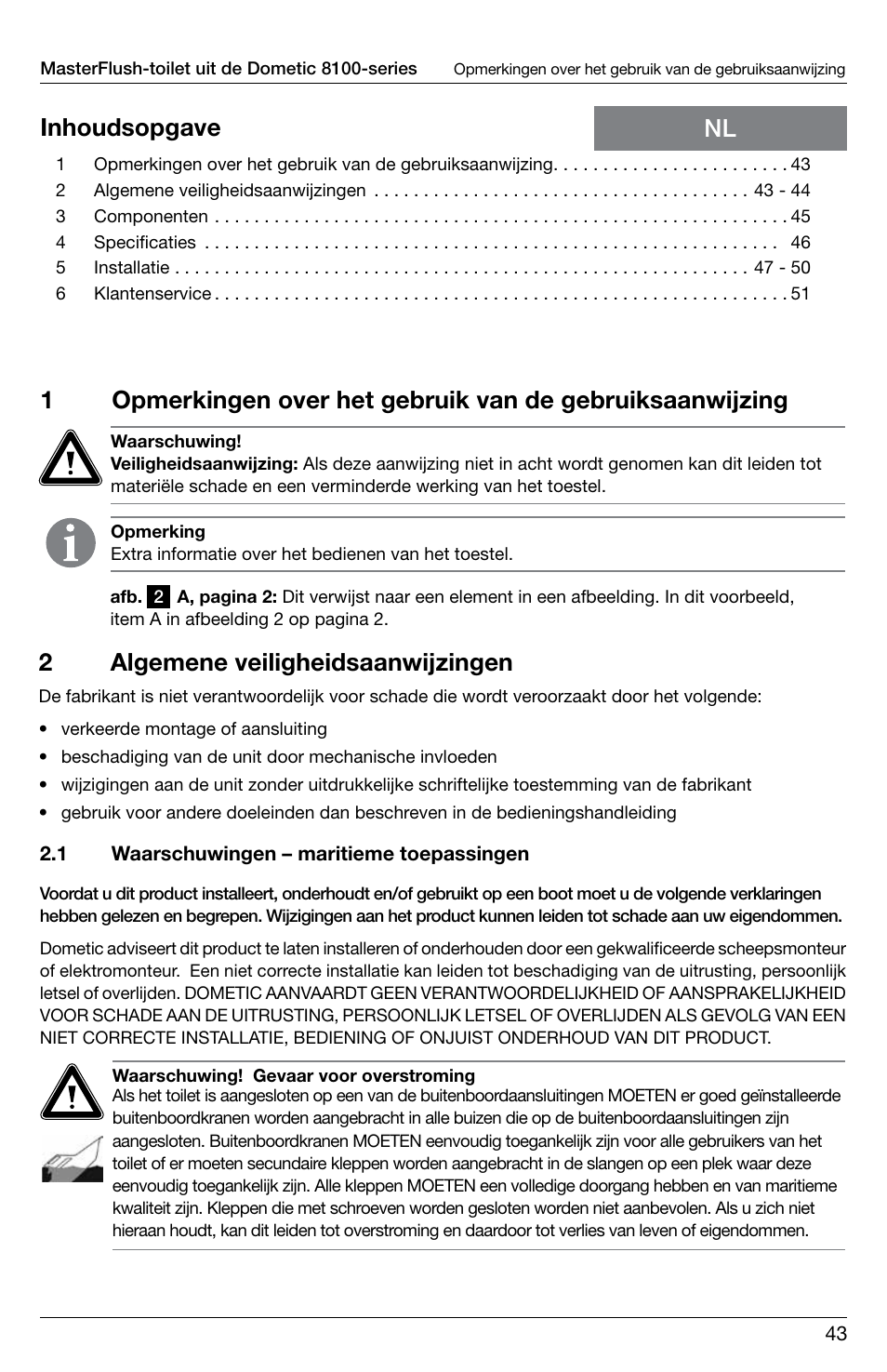 Nl inhoudsopgave, 2algemene veiligheidsaanwijzingen | SeaLand 8100 Series MasterFlush Installation User Manual | Page 43 / 100