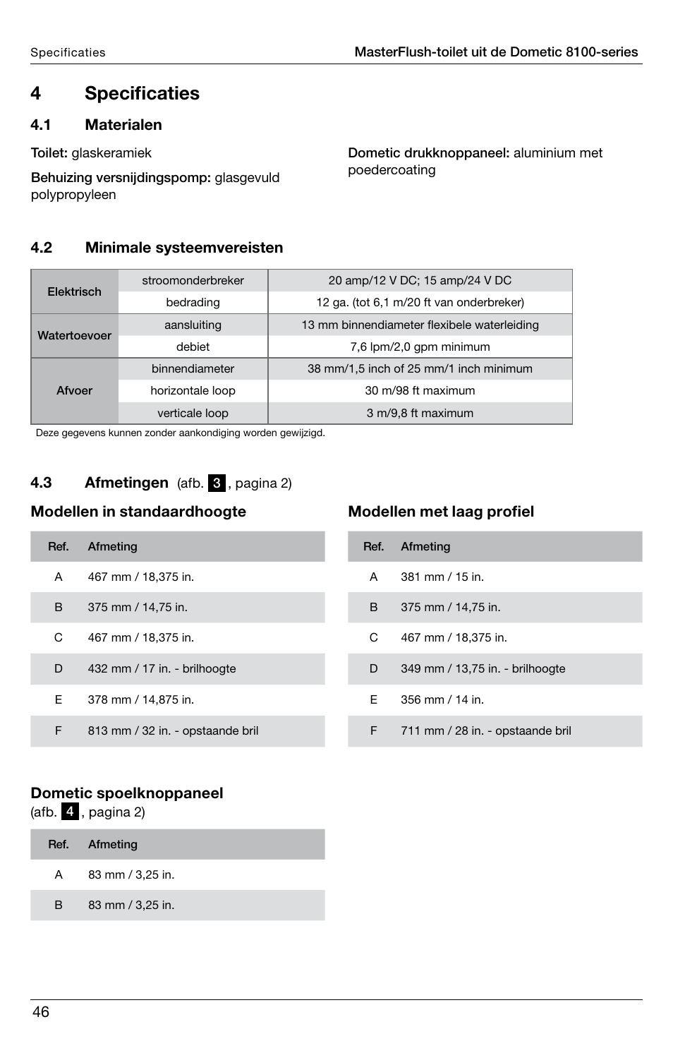 4 specificaties, Modellen met laag profiel, 1 materialen | SeaLand 8100 Series MasterFlush Installation User Manual | Page 46 / 100