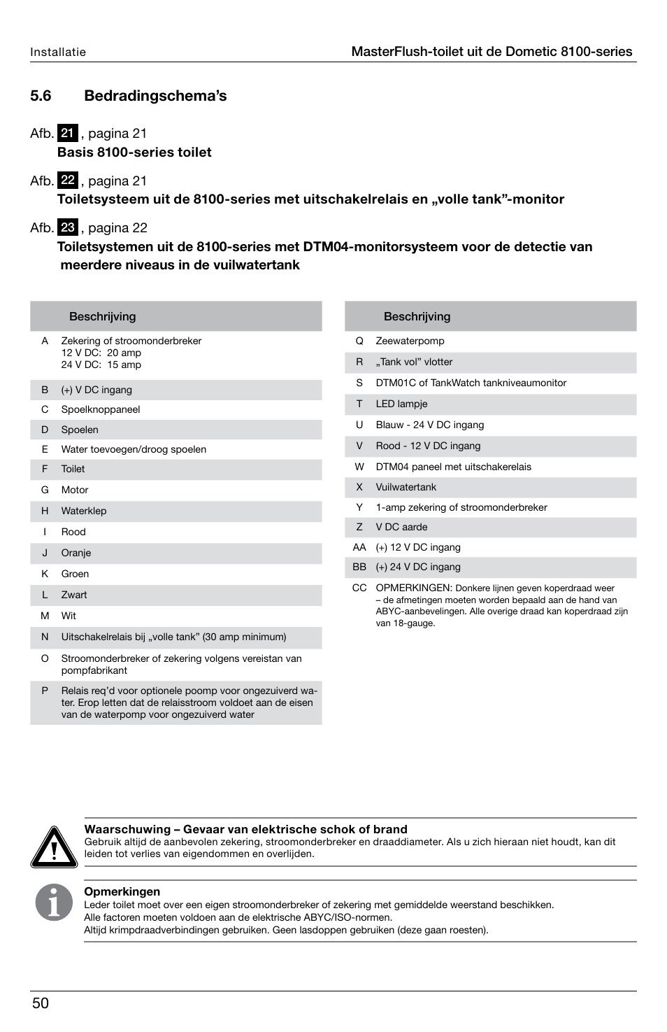 6 bedradingschema’s, Masterflush-toilet uit de dometic 8100-series | SeaLand 8100 Series MasterFlush Installation User Manual | Page 50 / 100