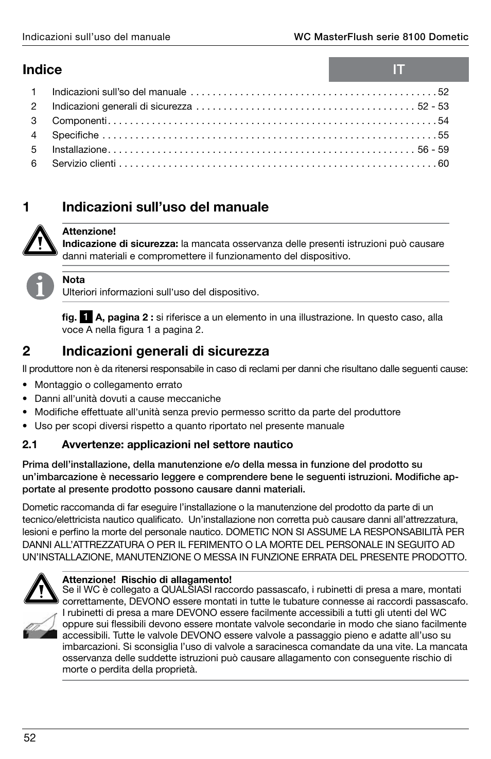 1indicazioni sull’uso del manuale, It indice 2 indicazioni generali di sicurezza | SeaLand 8100 Series MasterFlush Installation User Manual | Page 52 / 100