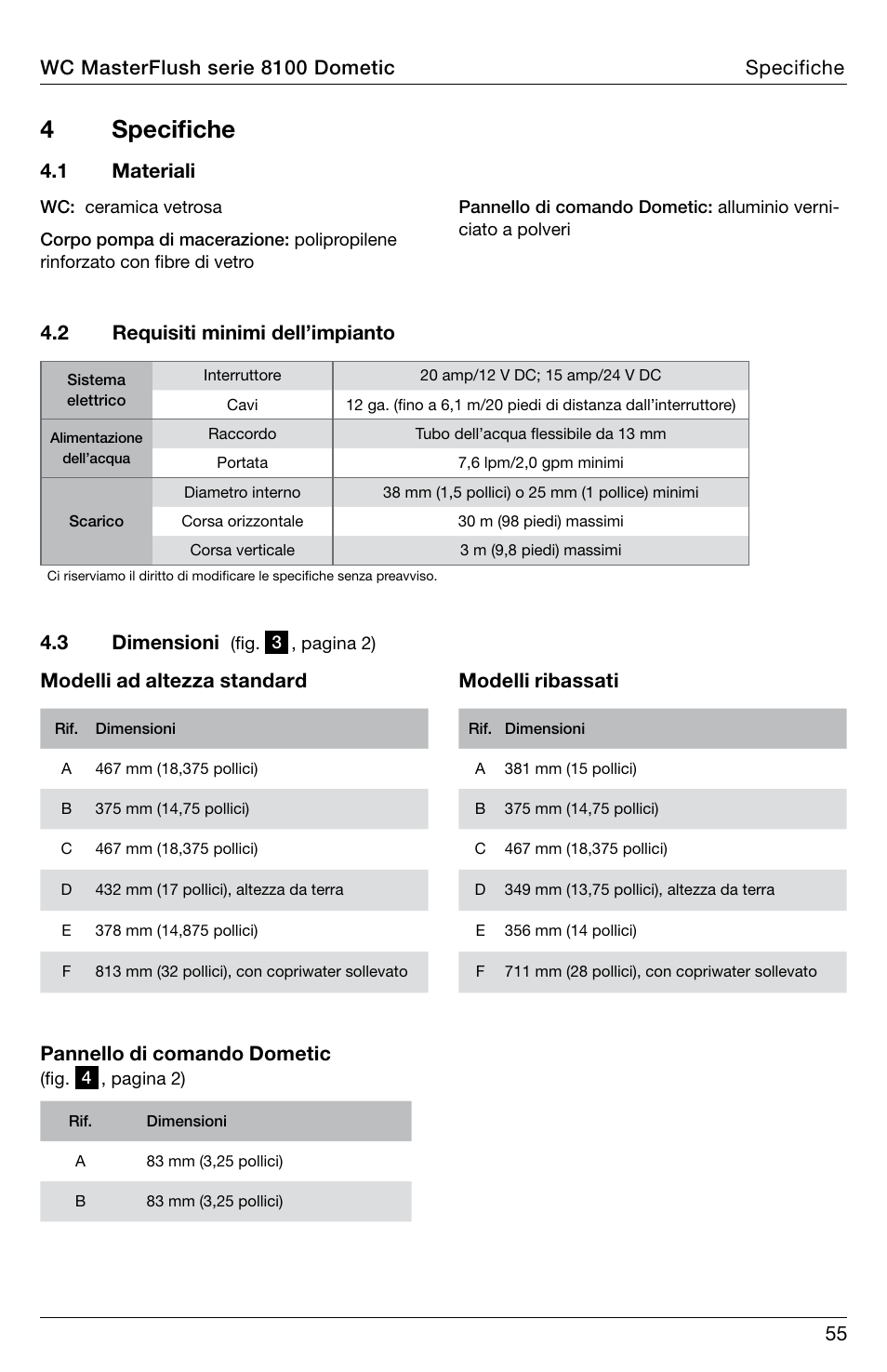 4 specifiche, Modelli ribassati, 1 materiali | Wc masterflush serie 8100 dometic specifiche | SeaLand 8100 Series MasterFlush Installation User Manual | Page 55 / 100