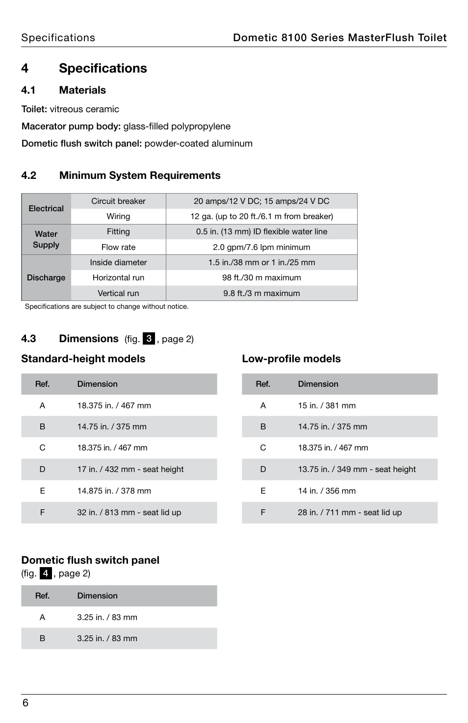 4 specifications, Standard-height models dometic flush switch panel, Low-profile models | 1 materials | SeaLand 8100 Series MasterFlush Installation User Manual | Page 6 / 100