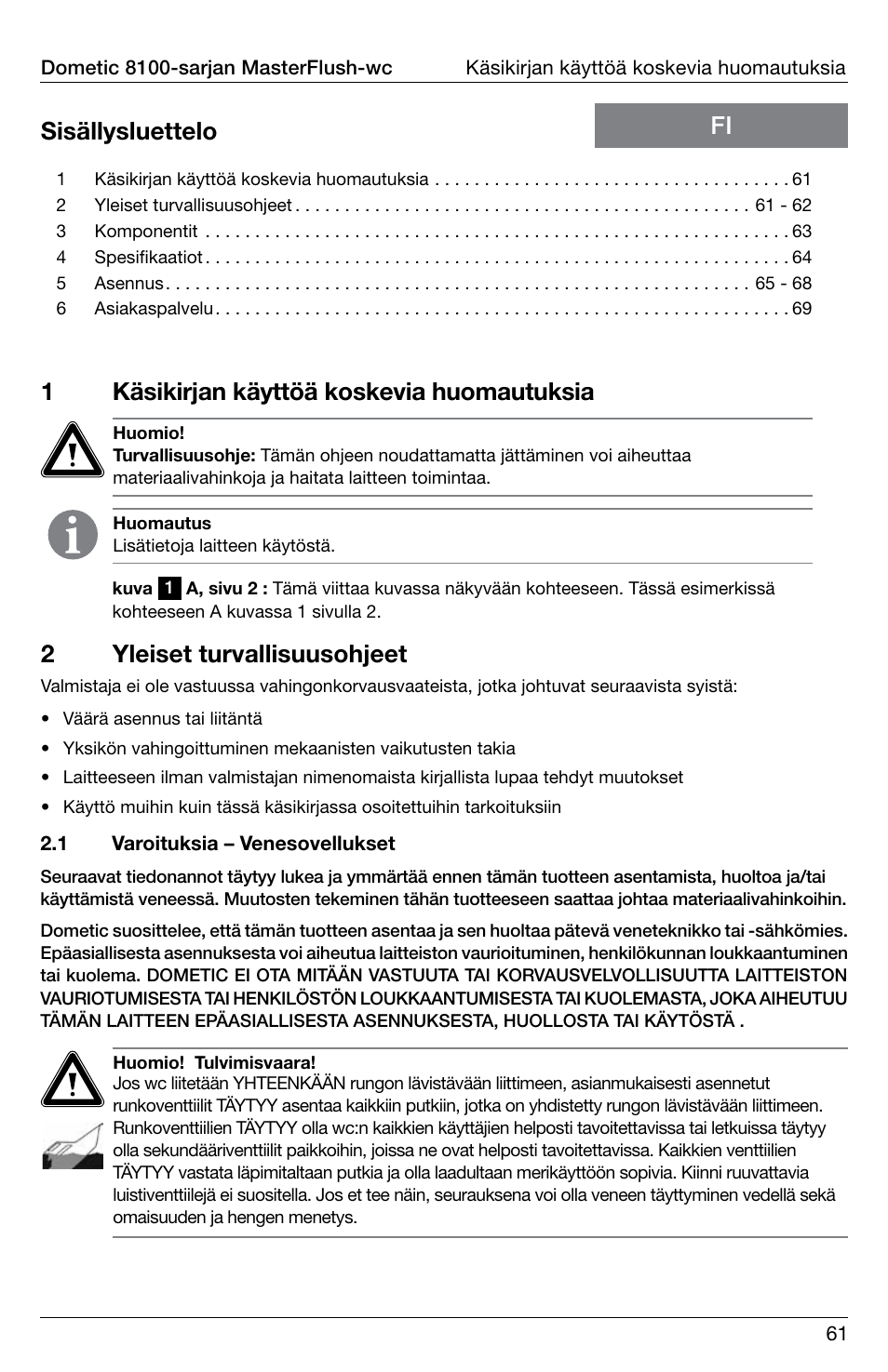 1käsikirjan käyttöä koskevia huomautuksia, Fi sisällysluettelo 2 yleiset turvallisuusohjeet | SeaLand 8100 Series MasterFlush Installation User Manual | Page 61 / 100