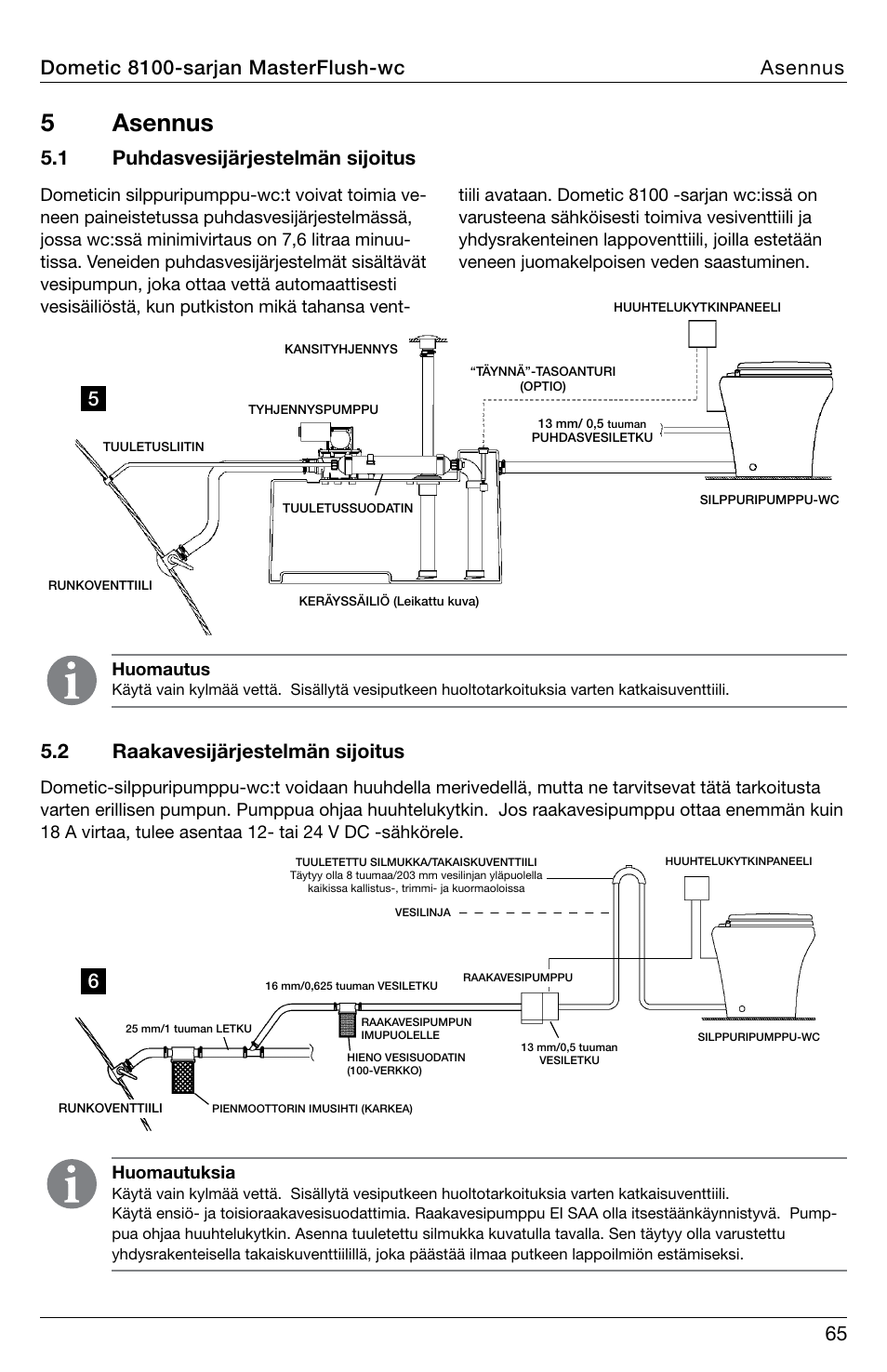 5 asennus, Dometic 8100-sarjan masterflush-wc asennus, Huomautus | Huomautuksia | SeaLand 8100 Series MasterFlush Installation User Manual | Page 65 / 100