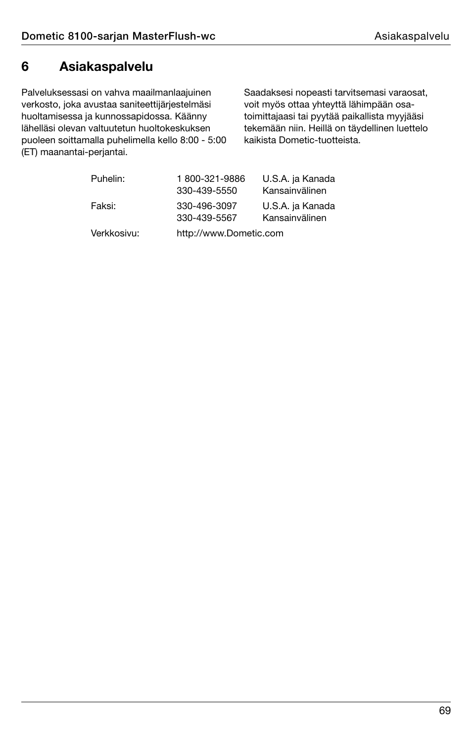 6 asiakaspalvelu | SeaLand 8100 Series MasterFlush Installation User Manual | Page 69 / 100