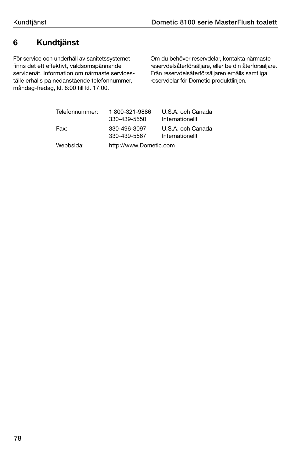 6 kundtjänst | SeaLand 8100 Series MasterFlush Installation User Manual | Page 78 / 100