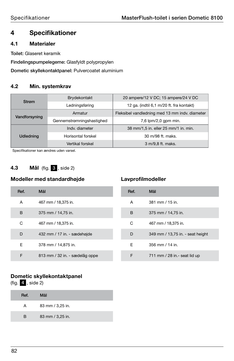 4 specifikationer, Lavprofilmodeller, 1 materialer | SeaLand 8100 Series MasterFlush Installation User Manual | Page 82 / 100