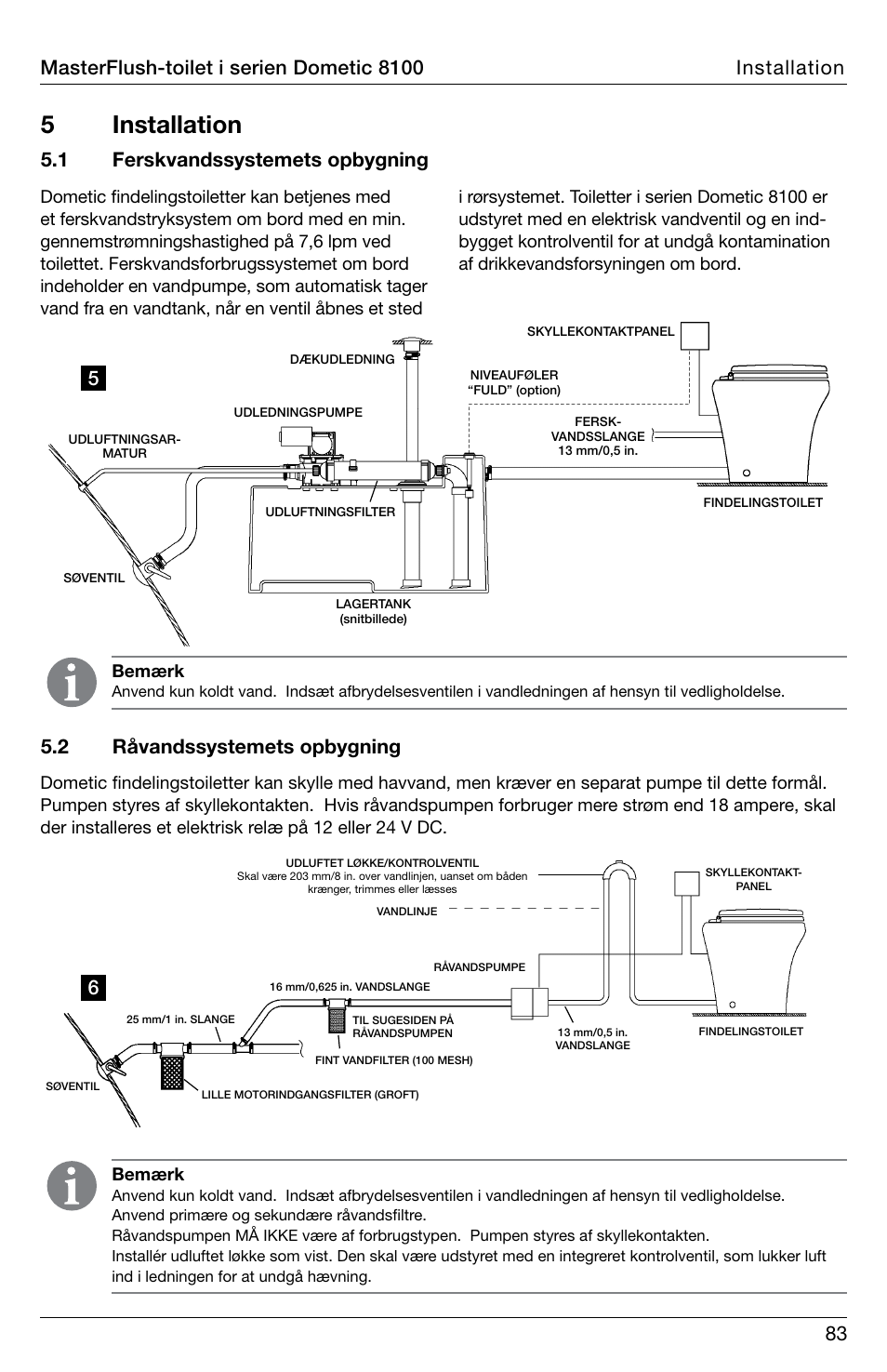 5 installation, Bemærk | SeaLand 8100 Series MasterFlush Installation User Manual | Page 83 / 100