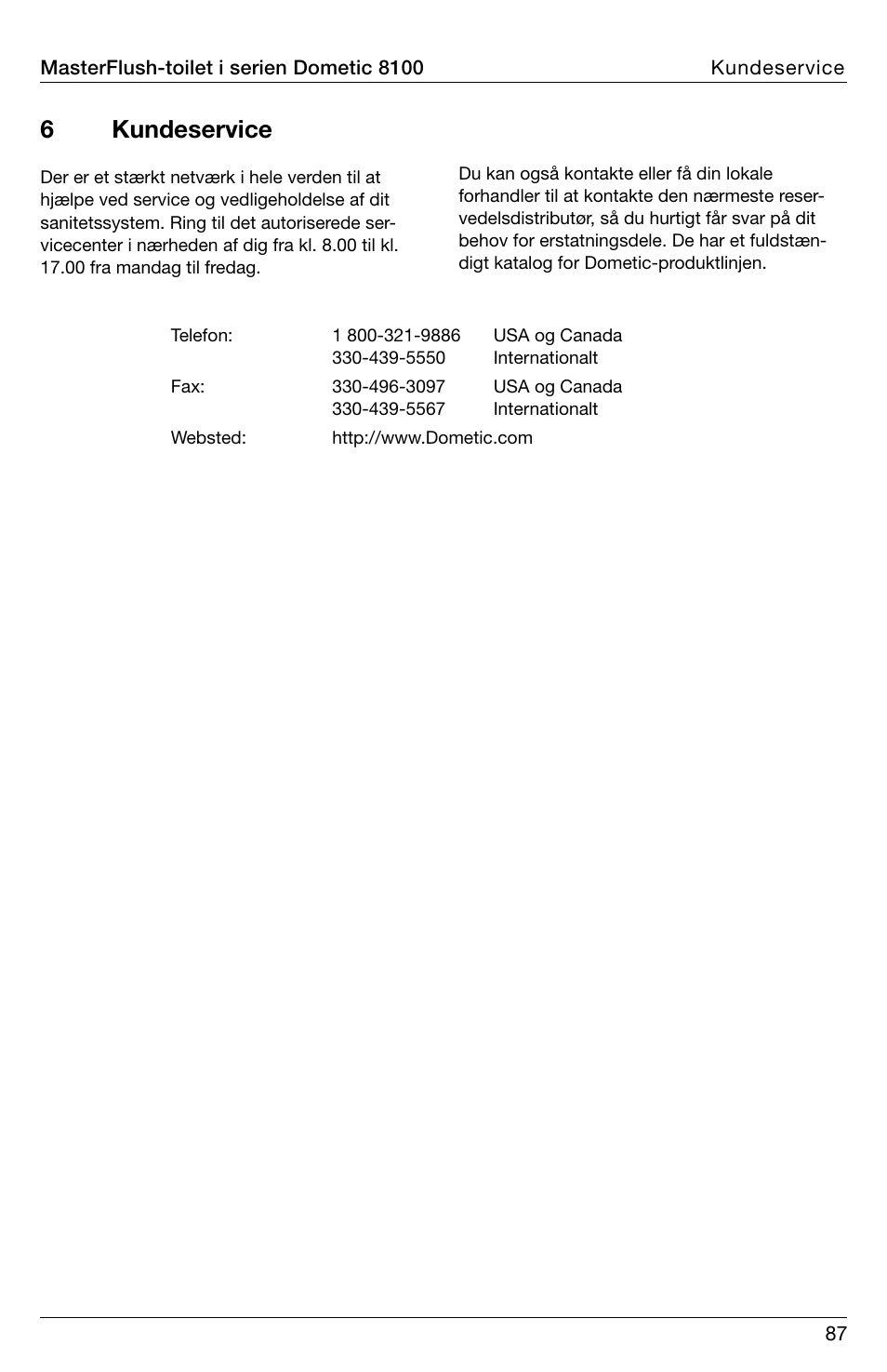 6 kundeservice | SeaLand 8100 Series MasterFlush Installation User Manual | Page 87 / 100