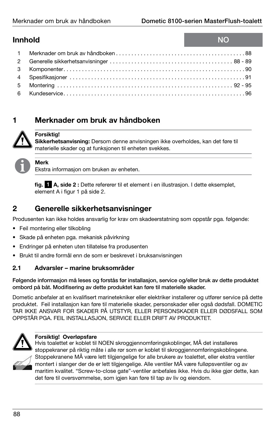 1merknader om bruk av håndboken, No innhold 2 generelle sikkerhetsanvisninger | SeaLand 8100 Series MasterFlush Installation User Manual | Page 88 / 100