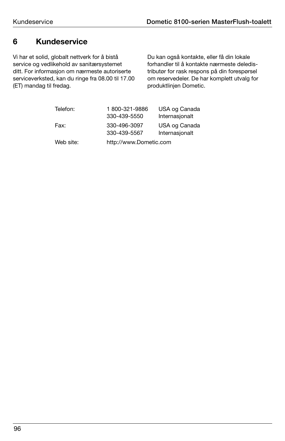 6 kundeservice | SeaLand 8100 Series MasterFlush Installation User Manual | Page 96 / 100