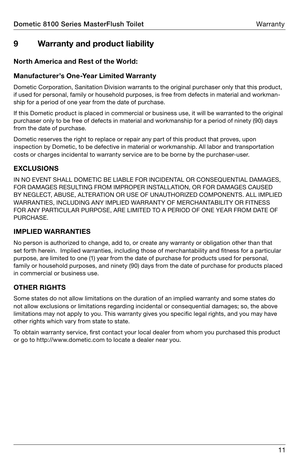 9warranty and product liability | SeaLand 8100 Series MasterFlush Operation Manual User Manual | Page 11 / 88