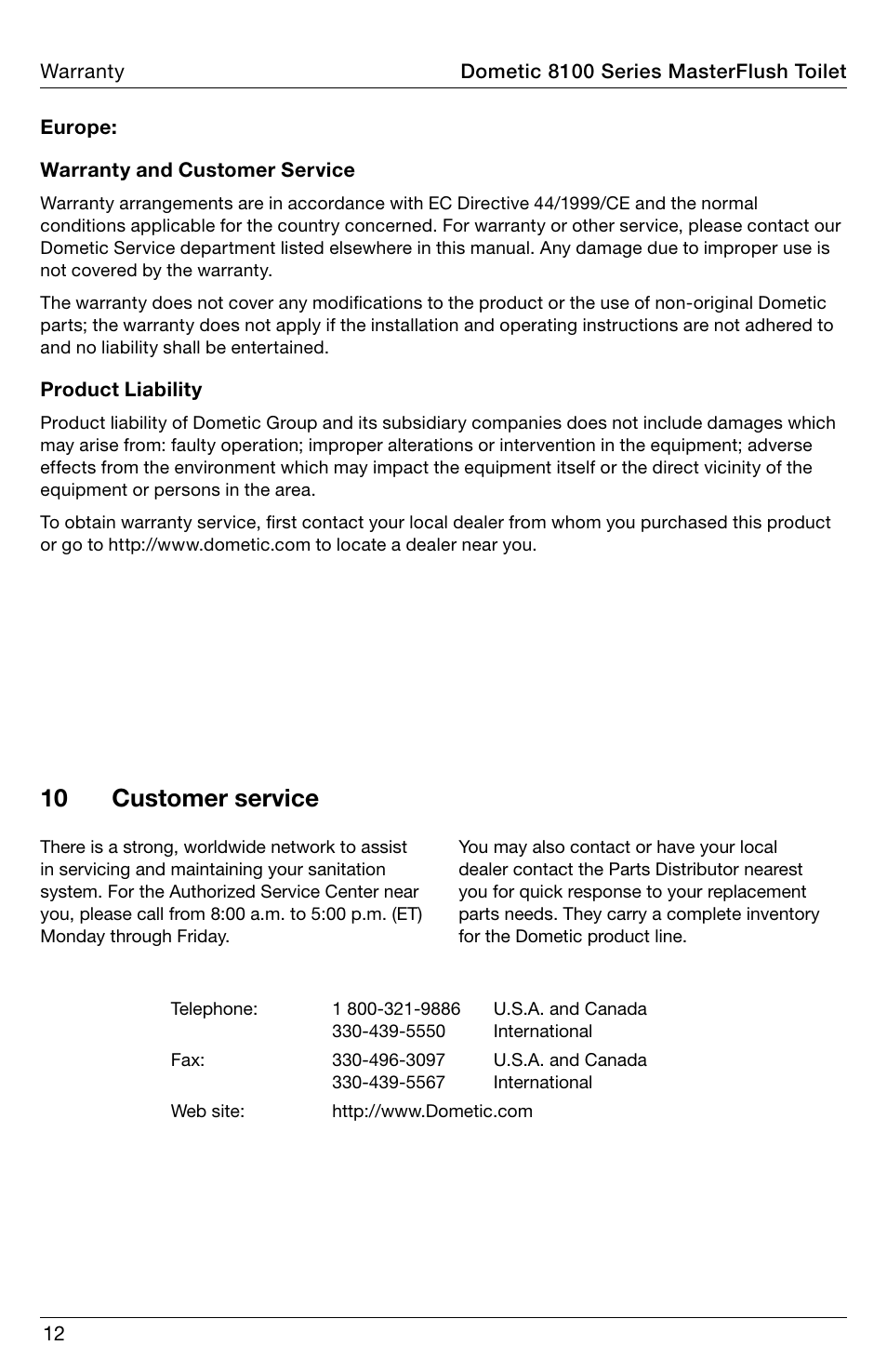 10 customer service | SeaLand 8100 Series MasterFlush Operation Manual User Manual | Page 12 / 88