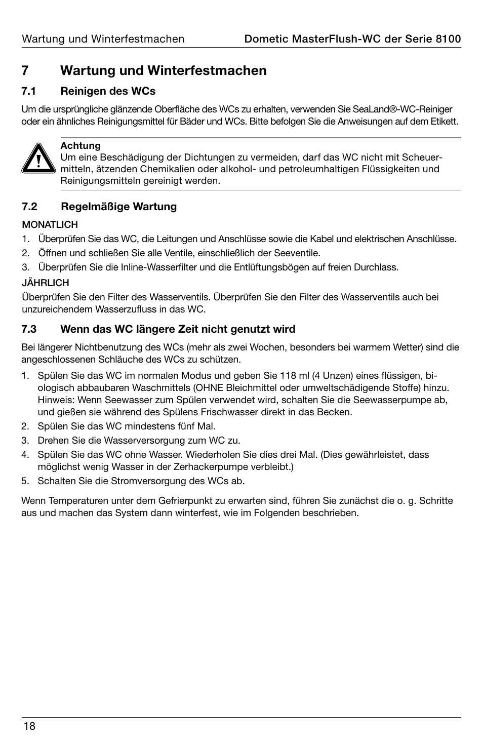 7wartung und winterfestmachen | SeaLand 8100 Series MasterFlush Operation Manual User Manual | Page 18 / 88