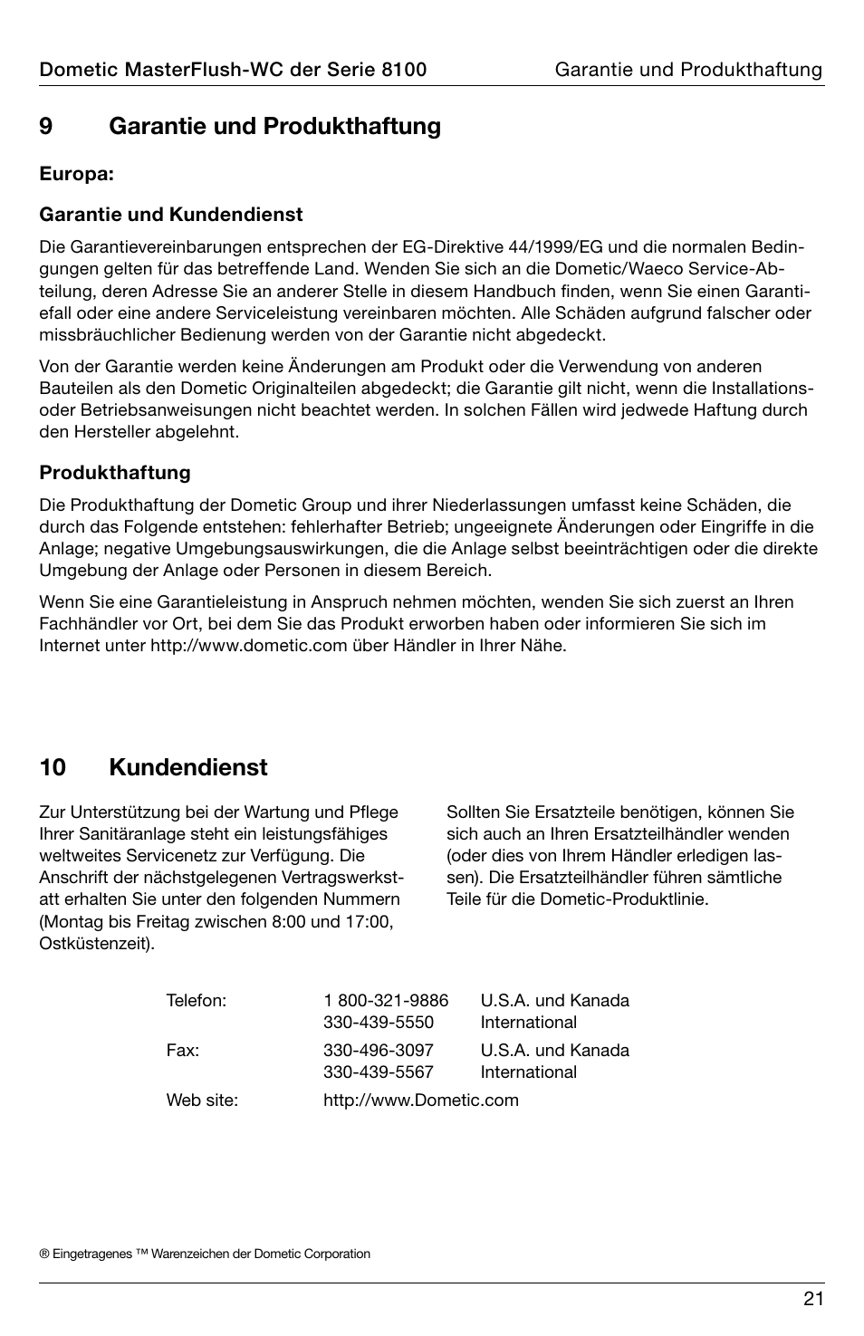 9garantie und produkthaftung, 10 kundendienst | SeaLand 8100 Series MasterFlush Operation Manual User Manual | Page 21 / 88