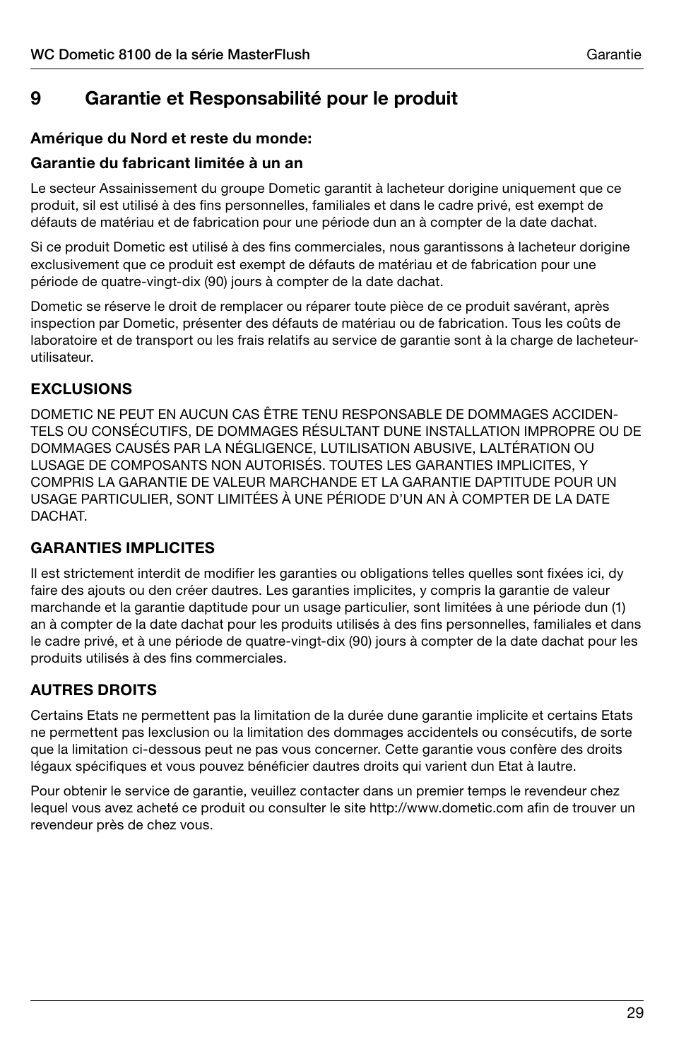 9garantie et responsabilité pour le produit | SeaLand 8100 Series MasterFlush Operation Manual User Manual | Page 29 / 88