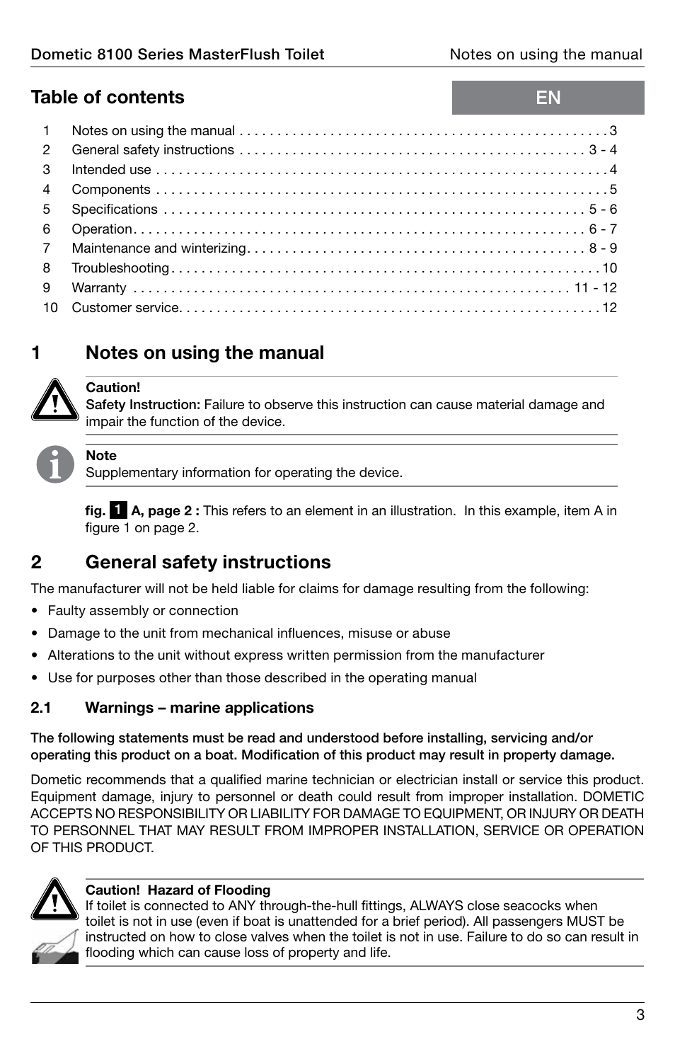 Front cover, En table of contents 2 general safety instructions | SeaLand 8100 Series MasterFlush Operation Manual User Manual | Page 3 / 88