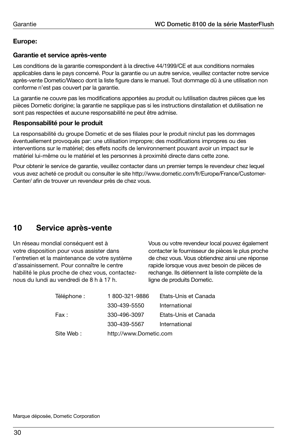 10 service après-vente | SeaLand 8100 Series MasterFlush Operation Manual User Manual | Page 30 / 88