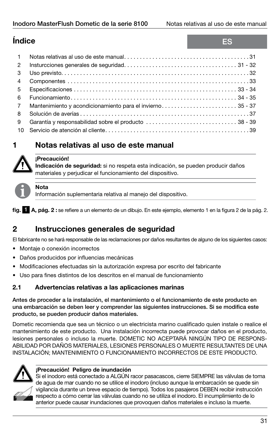 1notas relativas al uso de este manual, Es índice 2 instrucciones generales de seguridad | SeaLand 8100 Series MasterFlush Operation Manual User Manual | Page 31 / 88