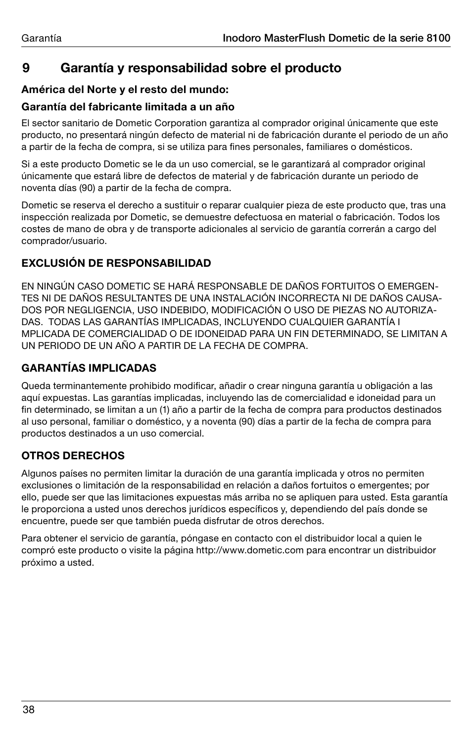 9garantía y responsabilidad sobre el producto | SeaLand 8100 Series MasterFlush Operation Manual User Manual | Page 38 / 88