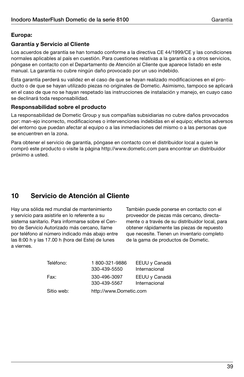 10 servicio de atención al cliente | SeaLand 8100 Series MasterFlush Operation Manual User Manual | Page 39 / 88