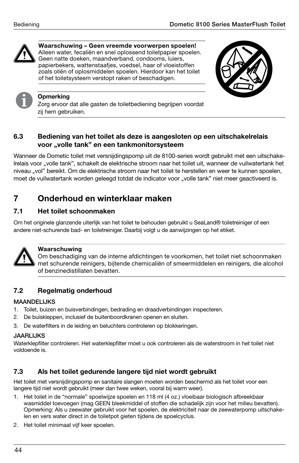 7onderhoud en winterklaar maken | SeaLand 8100 Series MasterFlush Operation Manual User Manual | Page 44 / 88
