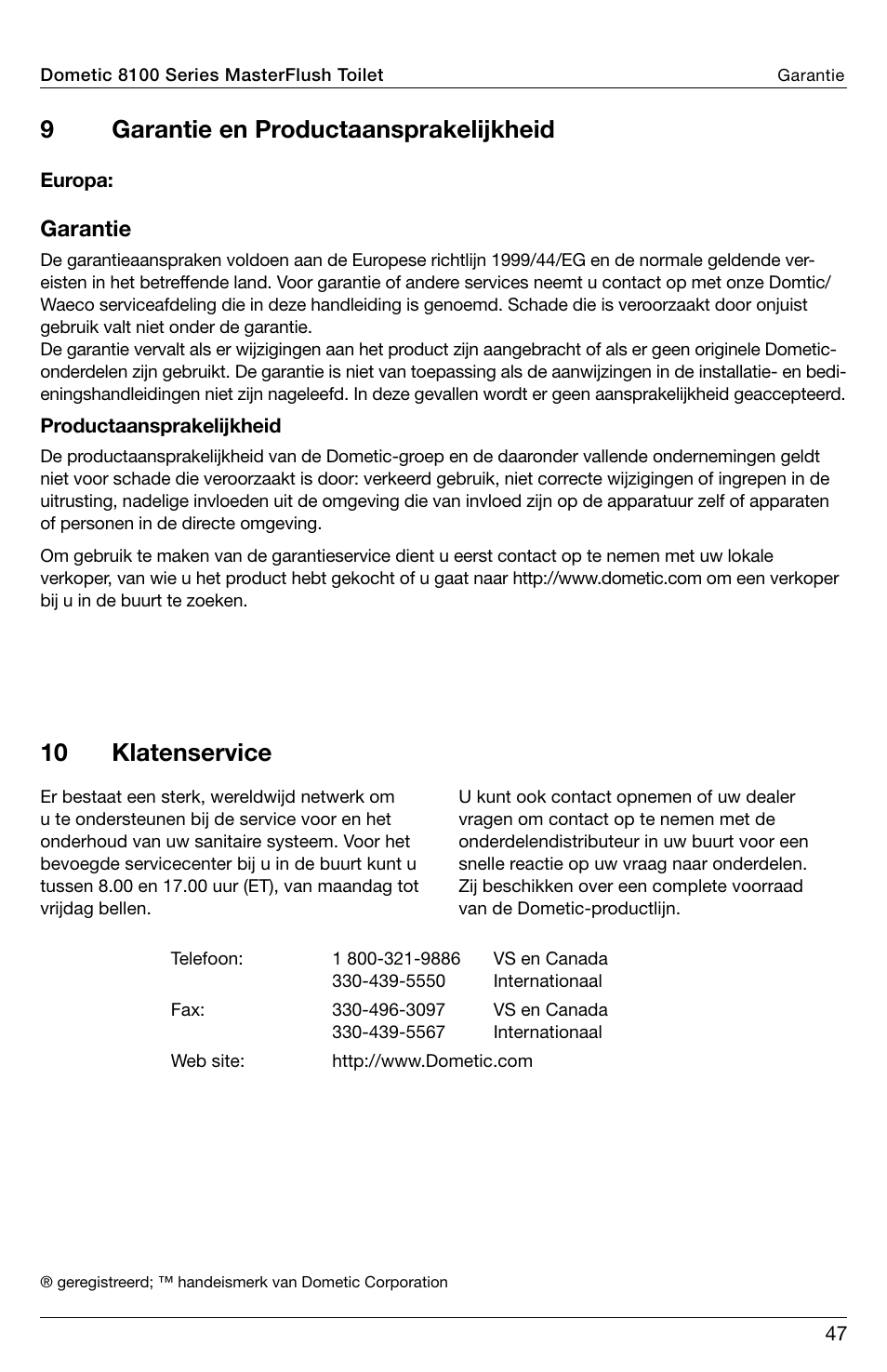 9garantie en productaansprakelijkheid, 10 klatenservice, Garantie | SeaLand 8100 Series MasterFlush Operation Manual User Manual | Page 47 / 88