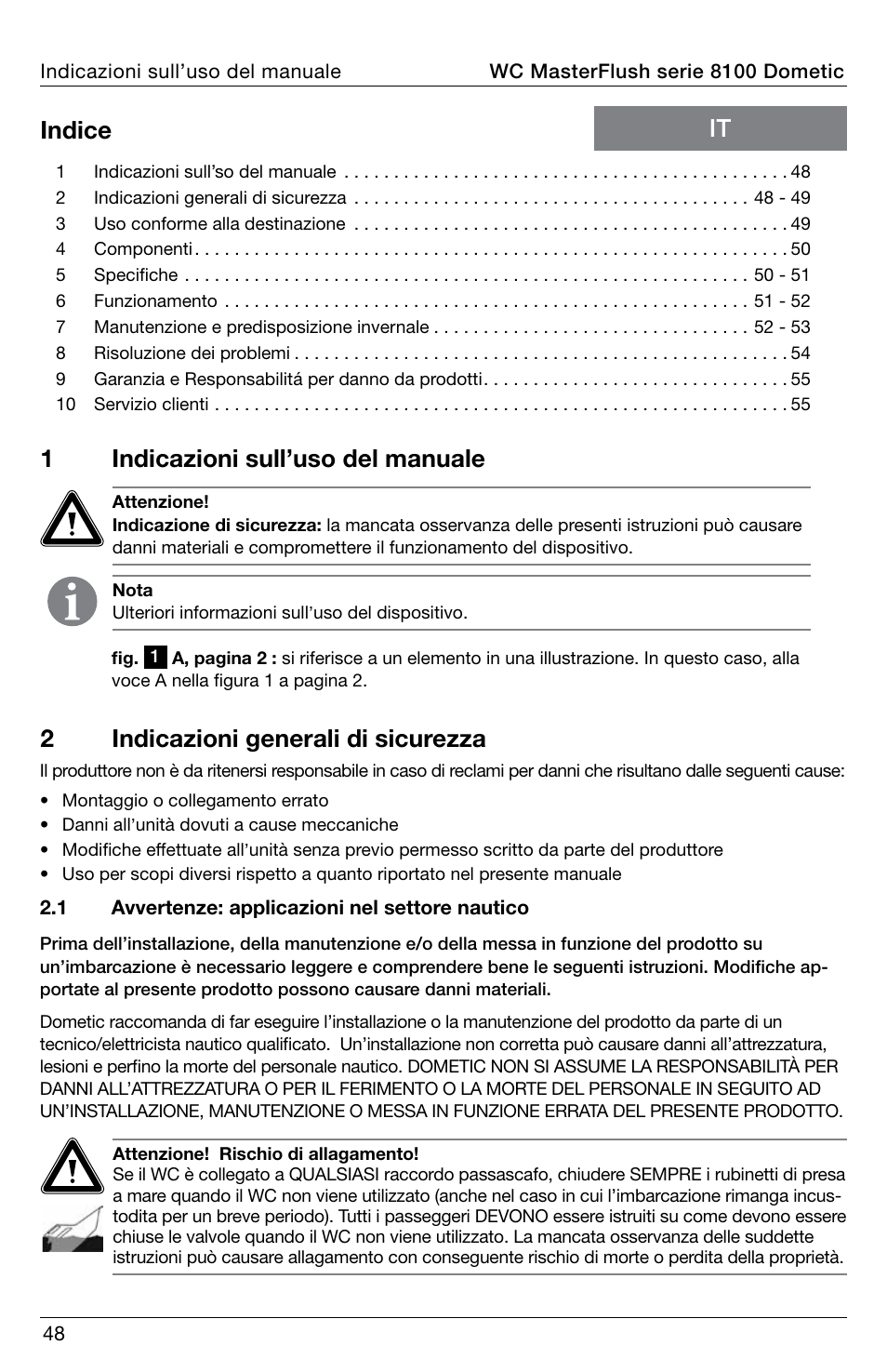 It indice, 1indicazioni sull’uso del manuale, 2indicazioni generali di sicurezza | SeaLand 8100 Series MasterFlush Operation Manual User Manual | Page 48 / 88