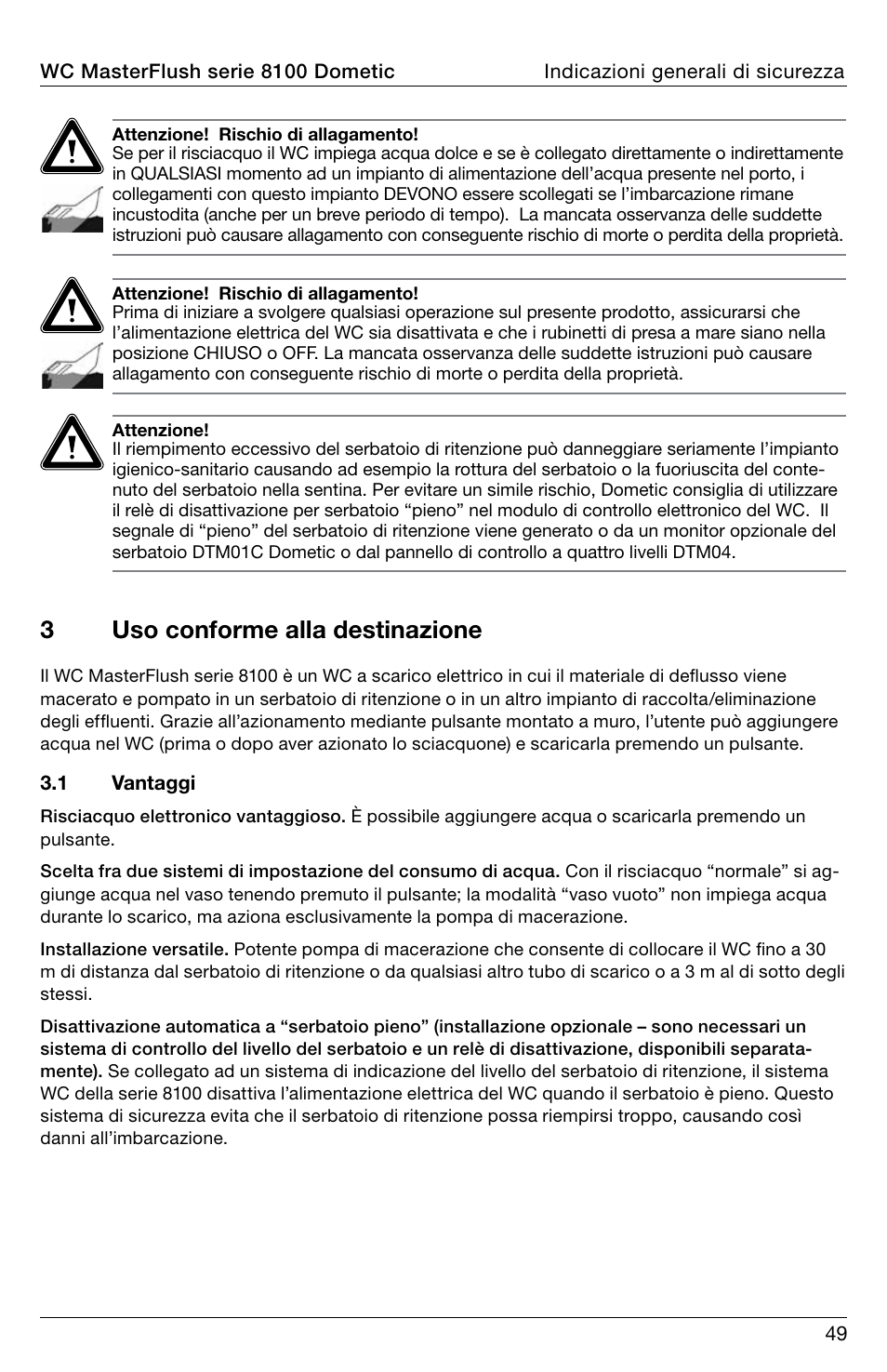 3uso conforme alla destinazione | SeaLand 8100 Series MasterFlush Operation Manual User Manual | Page 49 / 88