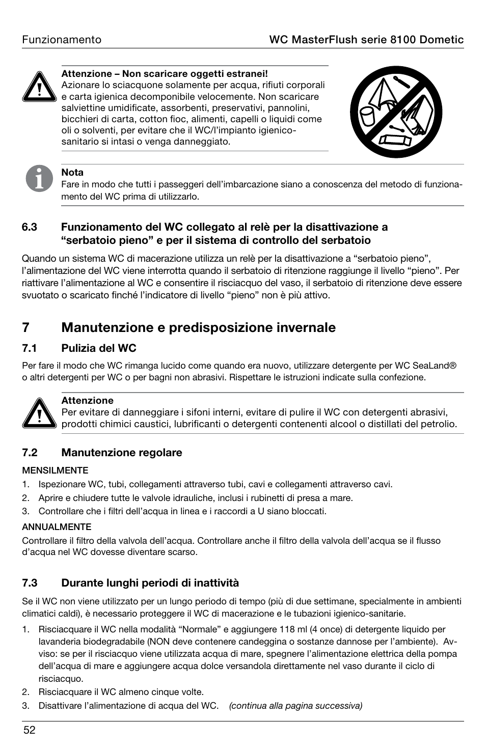 7manutenzione e predisposizione invernale | SeaLand 8100 Series MasterFlush Operation Manual User Manual | Page 52 / 88