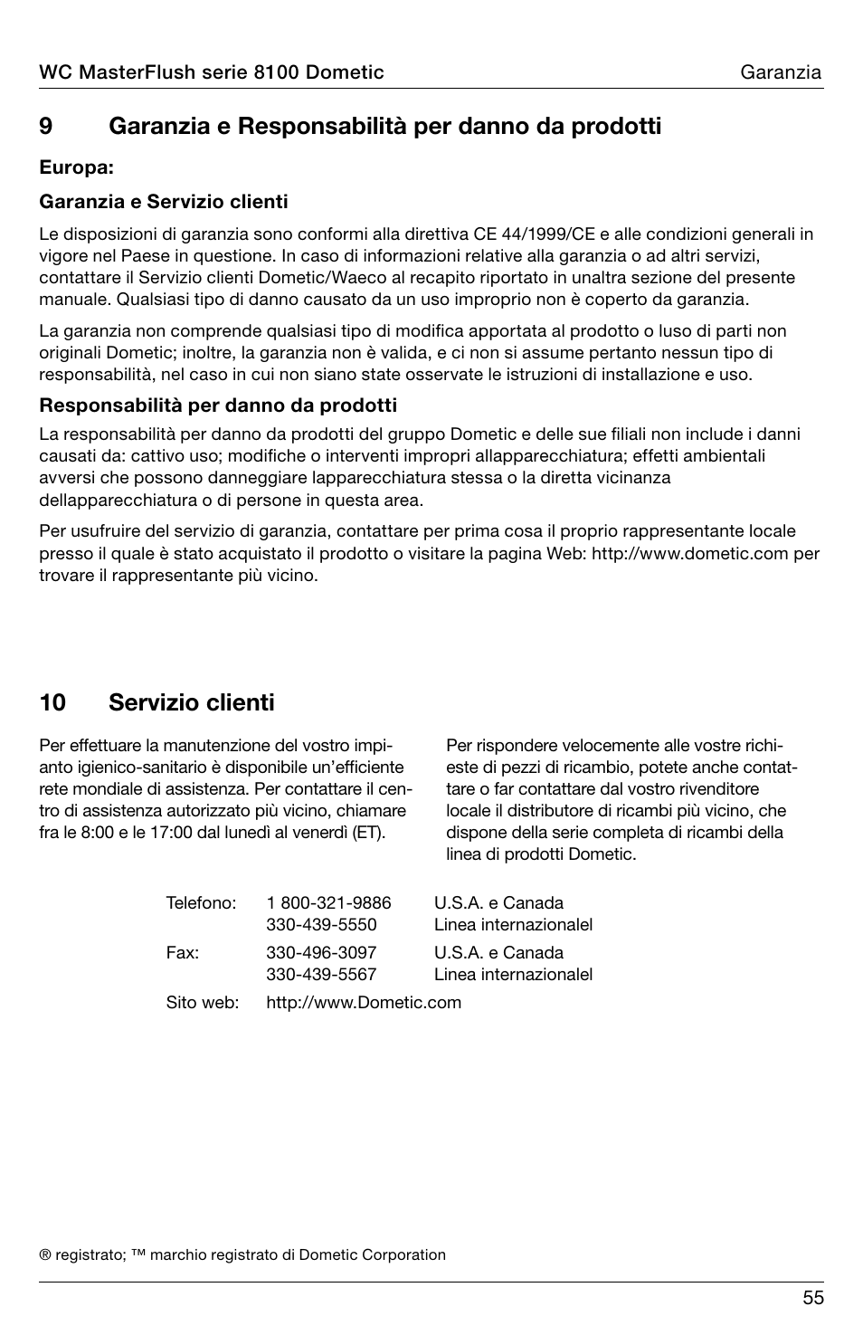 9garanzia e responsabilità per danno da prodotti, 10 servizio clienti | SeaLand 8100 Series MasterFlush Operation Manual User Manual | Page 55 / 88