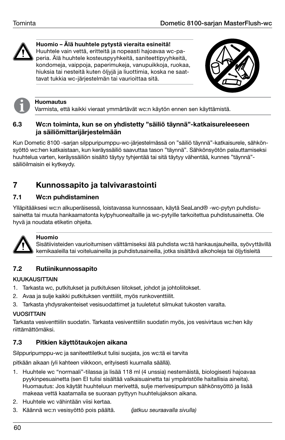 7kunnossapito ja talvivarastointi | SeaLand 8100 Series MasterFlush Operation Manual User Manual | Page 60 / 88