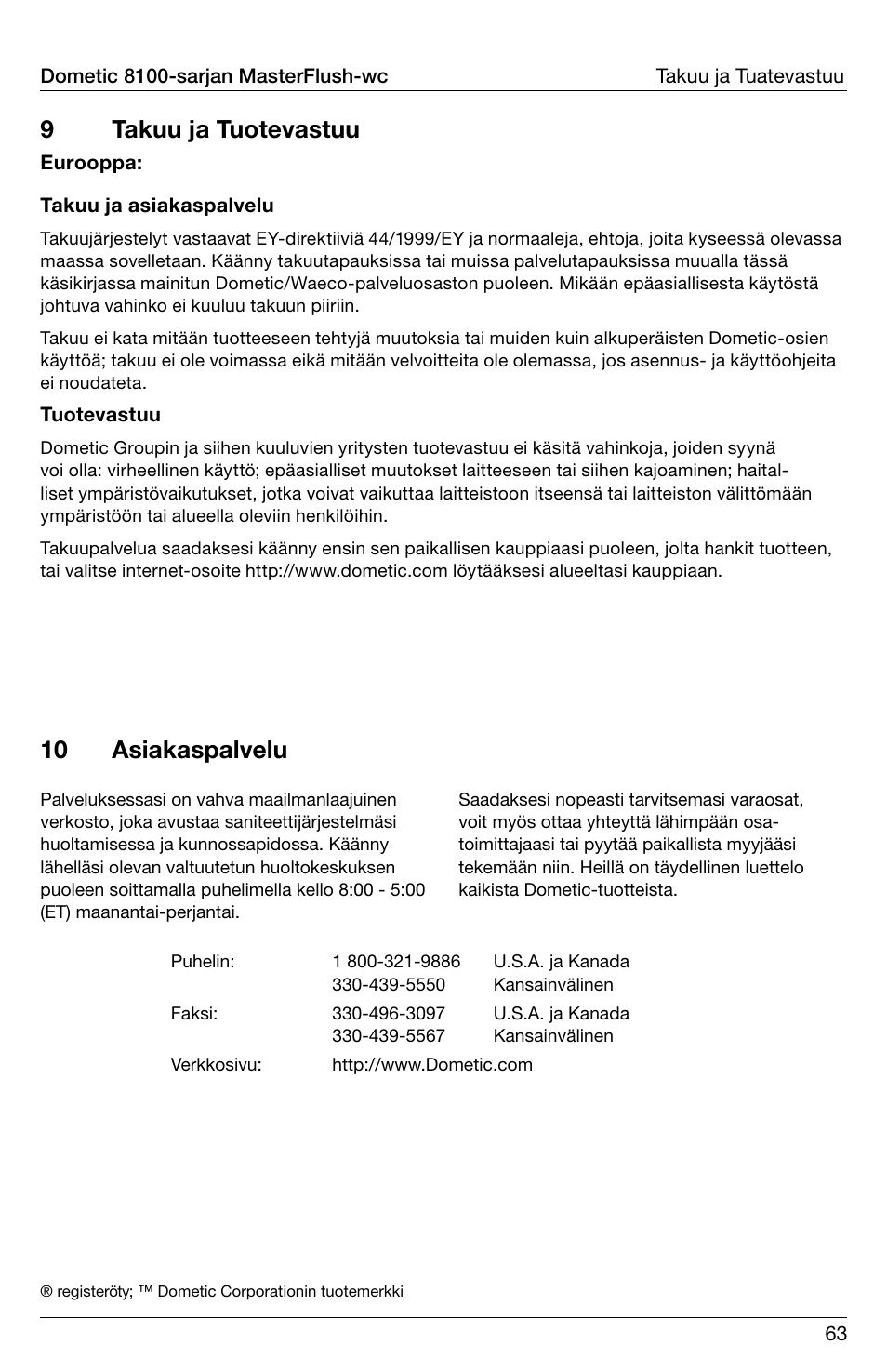 9takuu ja tuotevastuu, 10 asiakaspalvelu | SeaLand 8100 Series MasterFlush Operation Manual User Manual | Page 63 / 88