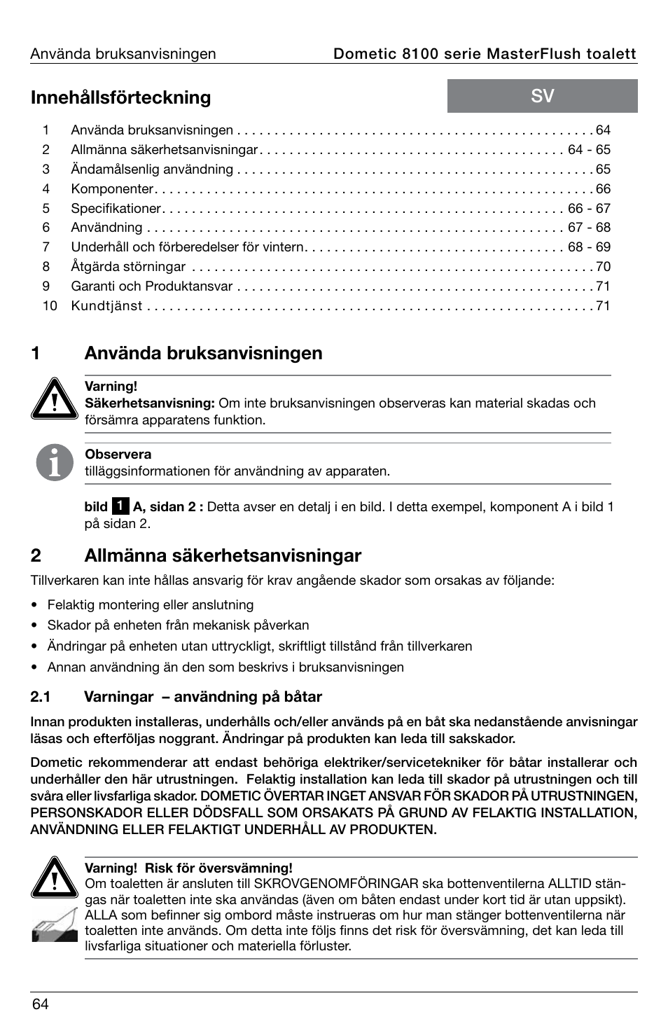 1använda bruksanvisningen | SeaLand 8100 Series MasterFlush Operation Manual User Manual | Page 64 / 88