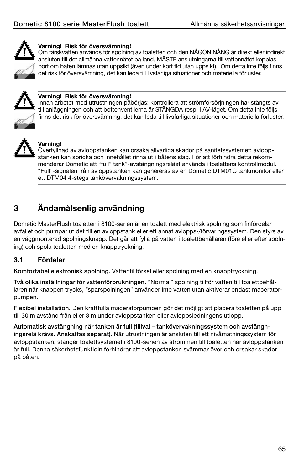 3ändamålsenlig användning | SeaLand 8100 Series MasterFlush Operation Manual User Manual | Page 65 / 88