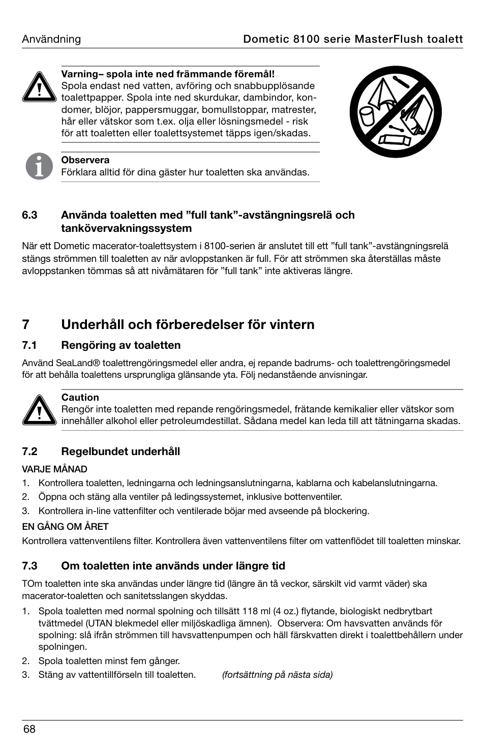 7underhåll och förberedelser för vintern | SeaLand 8100 Series MasterFlush Operation Manual User Manual | Page 68 / 88