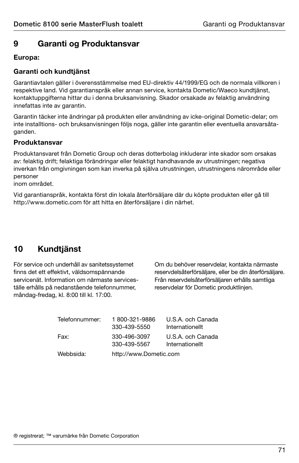 9garanti og produktansvar, 10 kundtjänst | SeaLand 8100 Series MasterFlush Operation Manual User Manual | Page 71 / 88