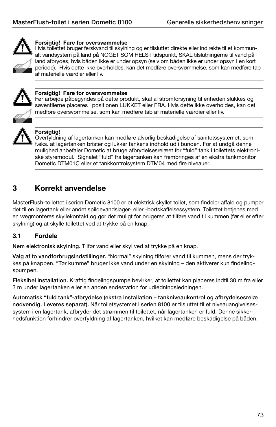 3korrekt anvendelse | SeaLand 8100 Series MasterFlush Operation Manual User Manual | Page 73 / 88