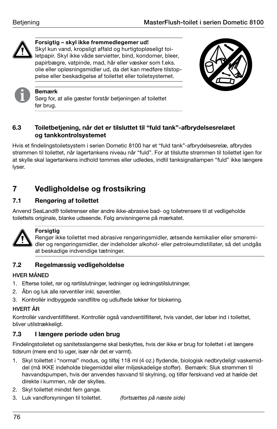 7vedligholdelse og frostsikring | SeaLand 8100 Series MasterFlush Operation Manual User Manual | Page 76 / 88