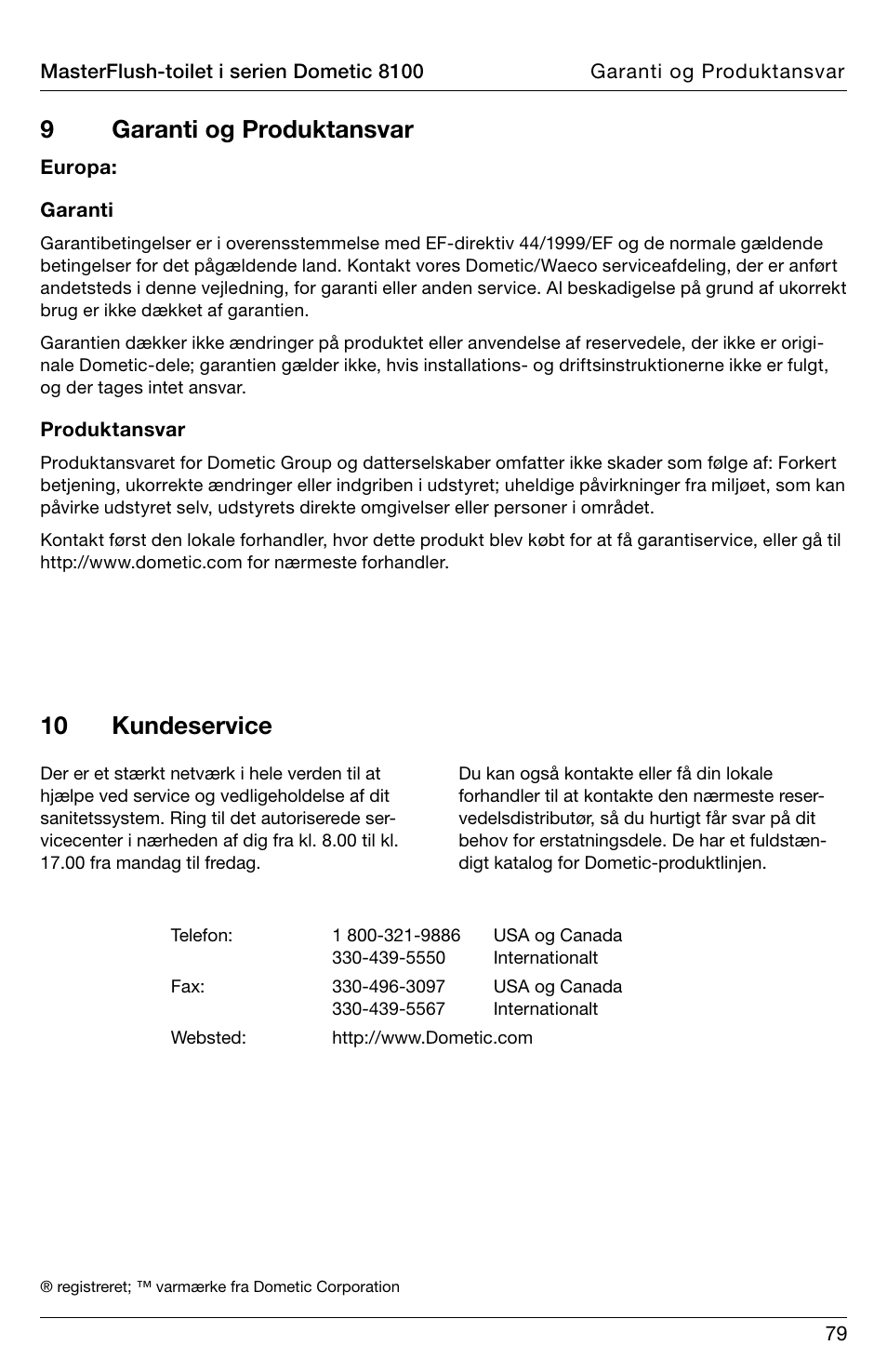 9garanti og produktansvar, 10 kundeservice | SeaLand 8100 Series MasterFlush Operation Manual User Manual | Page 79 / 88