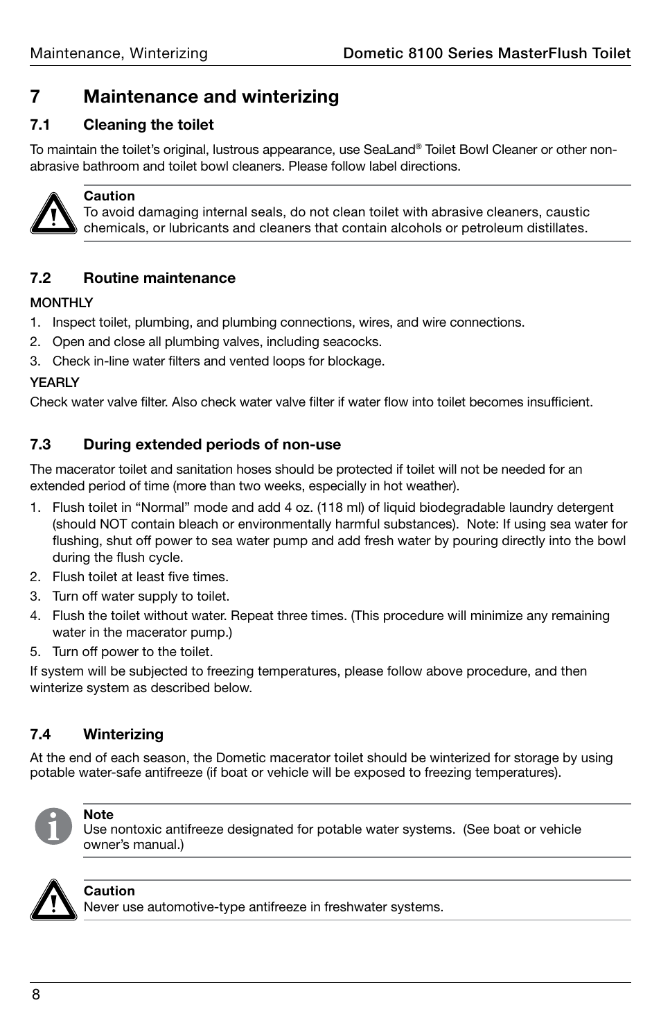 7maintenance and winterizing | SeaLand 8100 Series MasterFlush Operation Manual User Manual | Page 8 / 88