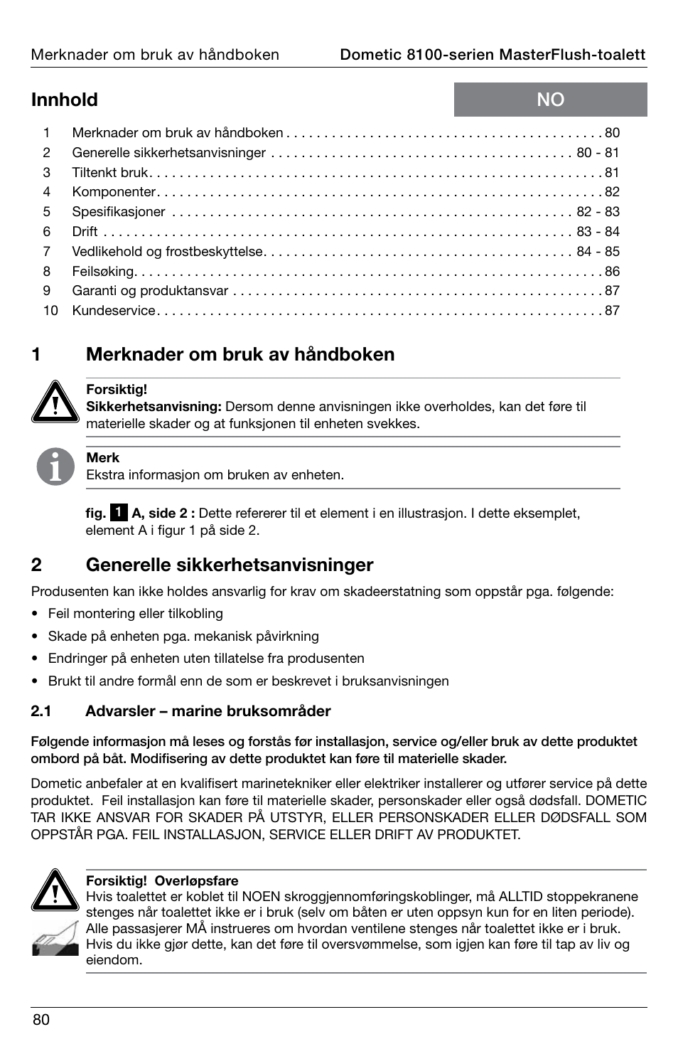 1merknader om bruk av håndboken, No innhold 2 generelle sikkerhetsanvisninger | SeaLand 8100 Series MasterFlush Operation Manual User Manual | Page 80 / 88