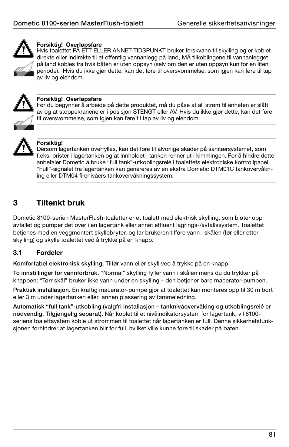 3tiltenkt bruk | SeaLand 8100 Series MasterFlush Operation Manual User Manual | Page 81 / 88