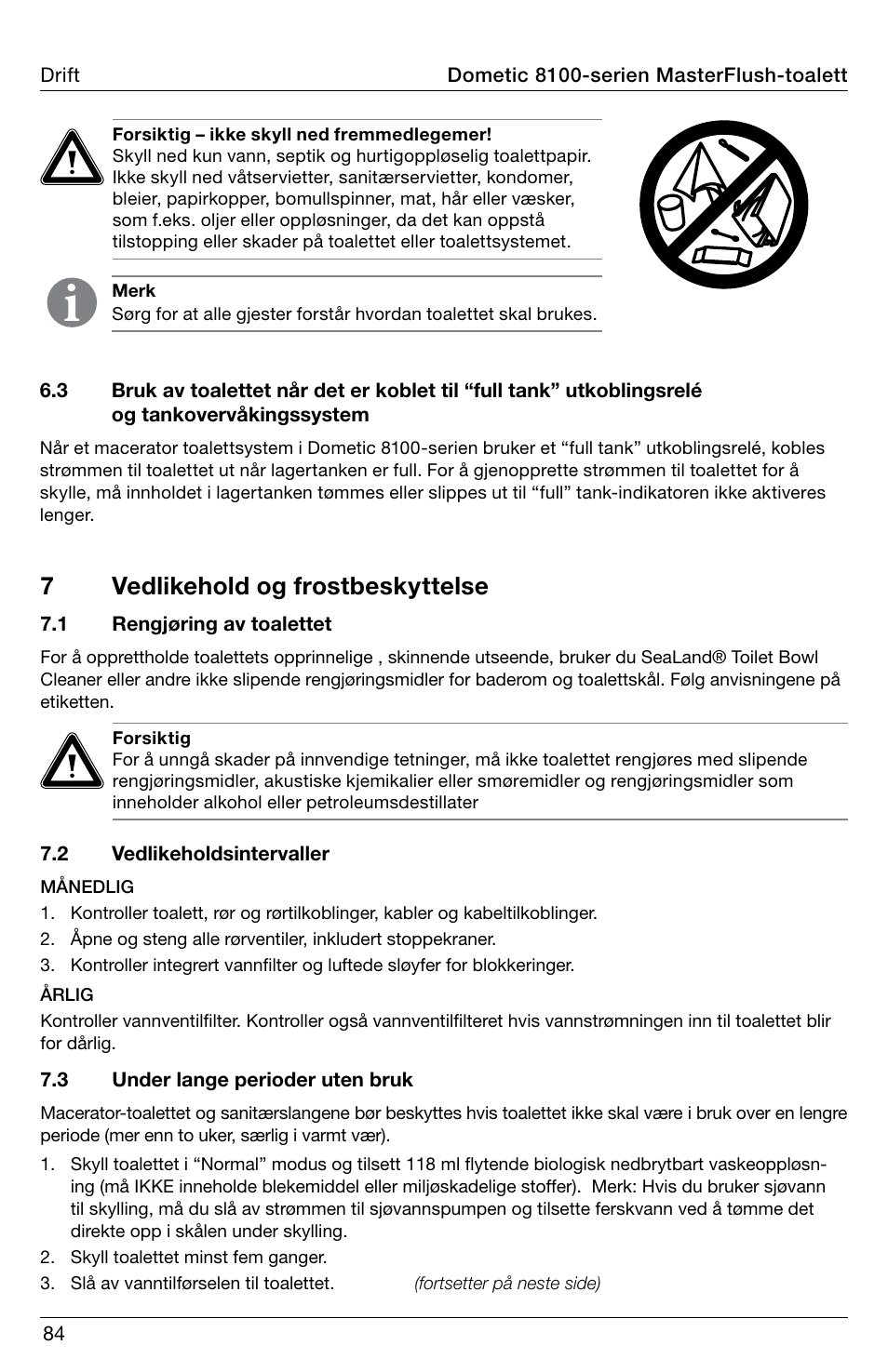 7vedlikehold og frostbeskyttelse | SeaLand 8100 Series MasterFlush Operation Manual User Manual | Page 84 / 88