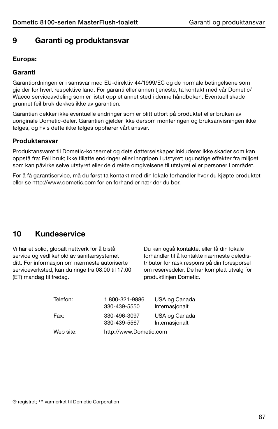 9garanti og produktansvar, 10 kundeservice | SeaLand 8100 Series MasterFlush Operation Manual User Manual | Page 87 / 88