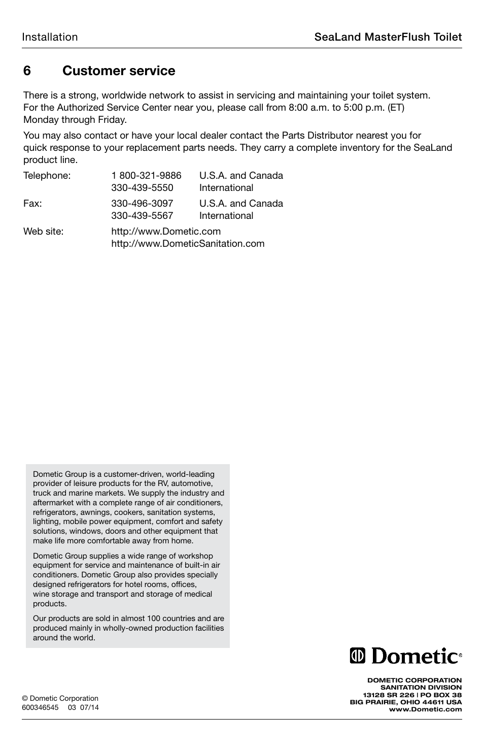 Customer service, 6customer service | SeaLand 8900 Series MasterFlush Installation User Manual | Page 12 / 12