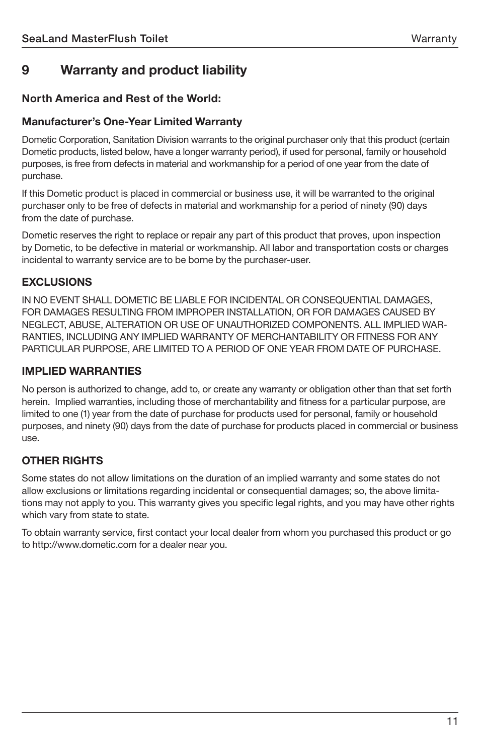 Warranty, 9warranty and product liability | SeaLand 8900 Series MasterFlush Operation Manual User Manual | Page 11 / 12
