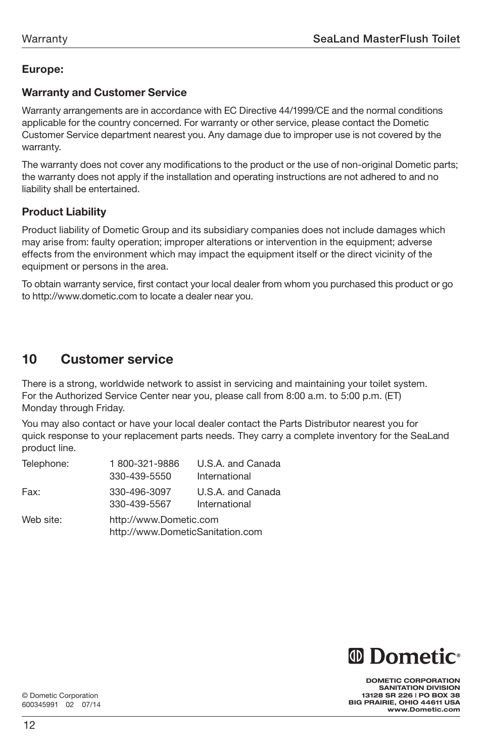 Customer service, 10 customer service | SeaLand 8900 Series MasterFlush Operation Manual User Manual | Page 12 / 12