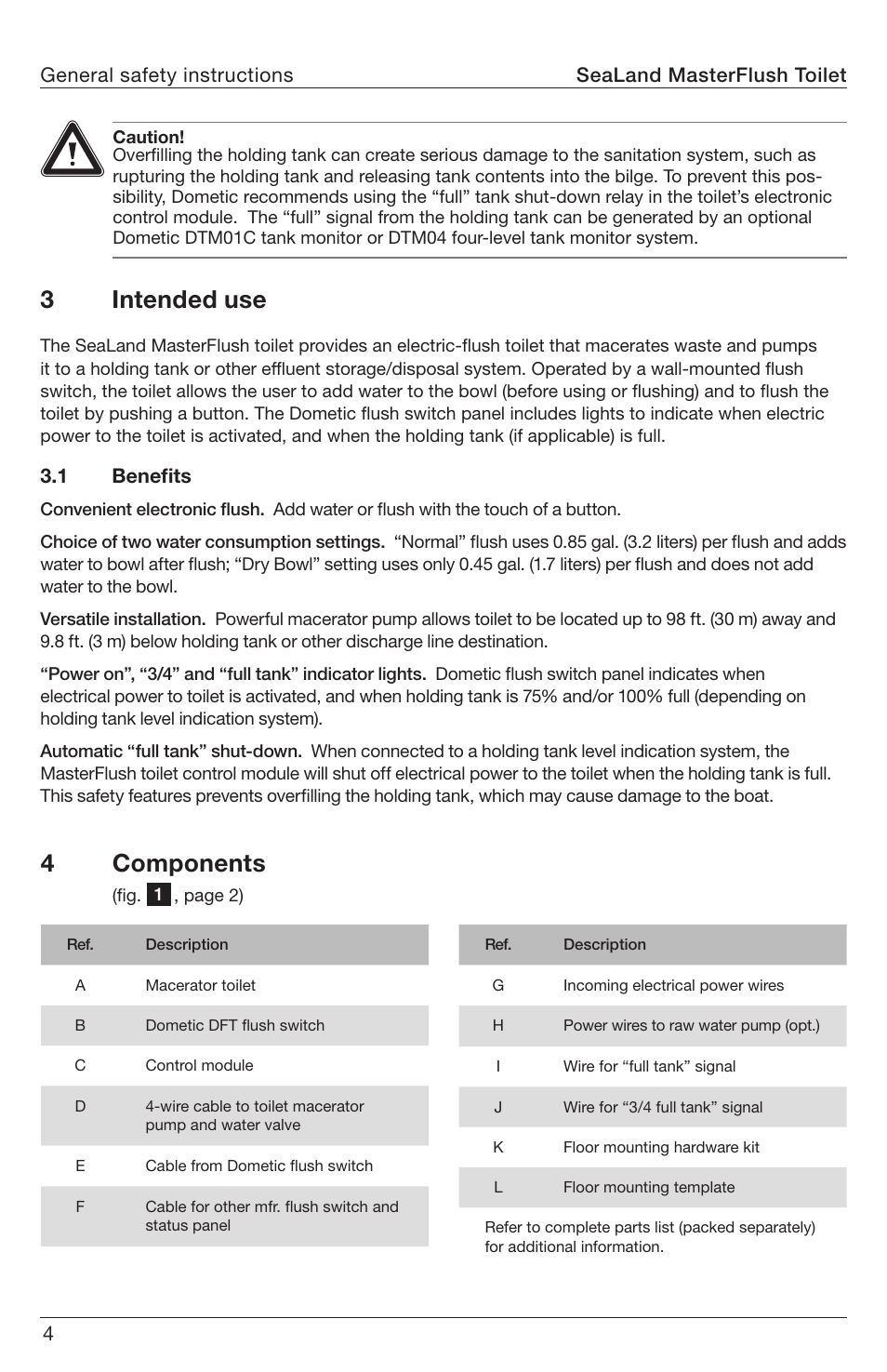 Intended use, Components, 4 components | 3intended use | SeaLand 8900 Series MasterFlush Operation Manual User Manual | Page 4 / 12